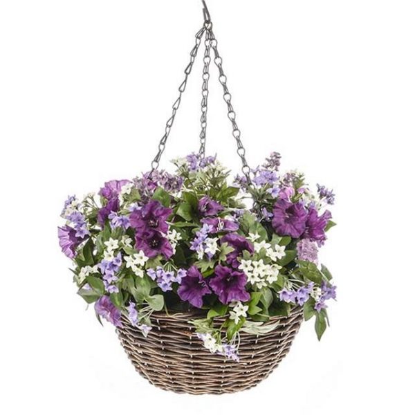 Artificial Morning Glory Hanging Basket | Purple and white | Shelf Edge UK